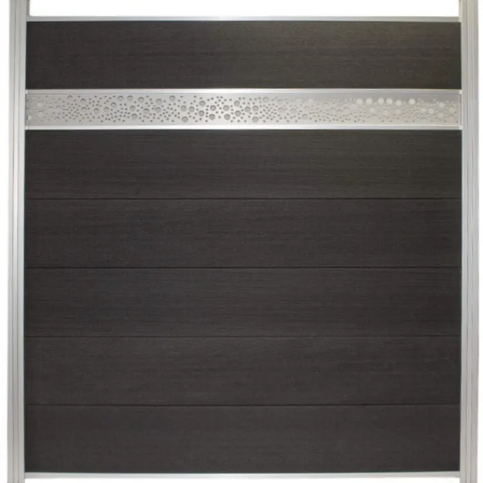 Hot C-Wood Schutting composiet co-extrusie Como antraciet met blank aluminium kader en deco lamel cirkel (180 x 190 cm)