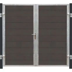 Plus Danmark Dubbele tuindeur composiet Futura antraciet in stalen frame links met zwart/grijze palen (213 x 180 cm)