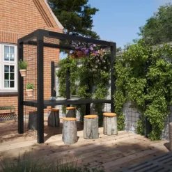 Outlet Plus Danmark Pergola staal met gaaspanelen en houten tafel zwart - 198 x 108 x 208 cm