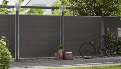 Hot Plus Danmark Schutting composiet & glas in stalen frame - Futura recht antraciet (180 x 180 cm)