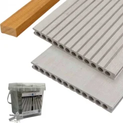 Clearance C-Wood Vlonder totaalpakket composiet semi mass. 2,5x25cm XXL steengrijs (4mtr) grove ribbel/geborsteld