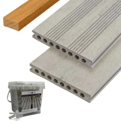 New C-Wood Vlonder totaalpakket composiet semi massief 2,1 x 14 cm steengrijs gevlamd (4 mtr) fijne ribbel en vlak