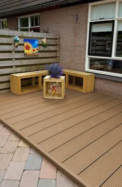 Online C-Wood Vlonder totaalpakket composiet 2,1 x 25 cm - XXL teak bruin (4 mtr) vlak/grove ribbel