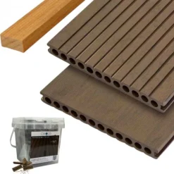Discount C-Wood Vlonder totaalpakket composiet semi mass. 2,5x25cm XXL bruin (4mtr) grove ribbel/geborsteld