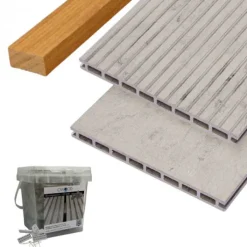 Outlet C-Wood Vlonder totaalpakket composiet 2,1 x 25 cm - XXL steengrijs gevlamd (4 mtr) vlak/grove ribbel